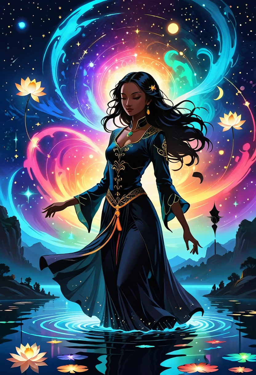 Astrologer,In the middle of the lake, Mysterious female black silhouette in the middle of the night, Surrounded by glowing constellations, Summoners dance to appease the spirits of the dead. Ceremonial canvas clothing. Sensual. Multiple magic arrays. Dynamic dance. Black Lotus. Colorful palette.