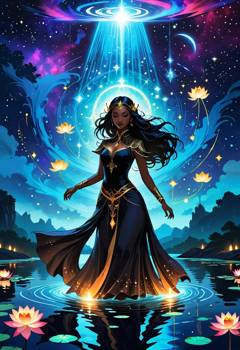 Astrologer，In the middle of the lake, Mysterious female black silhouette in the middle of the night, Surrounded by glowing constellations, Summoners dance to appease the spirits of the dead. Ceremonial canvas clothing. Sensual. Multiple magic arrays. Dynamic dance. Black Lotus. Colorful palette.