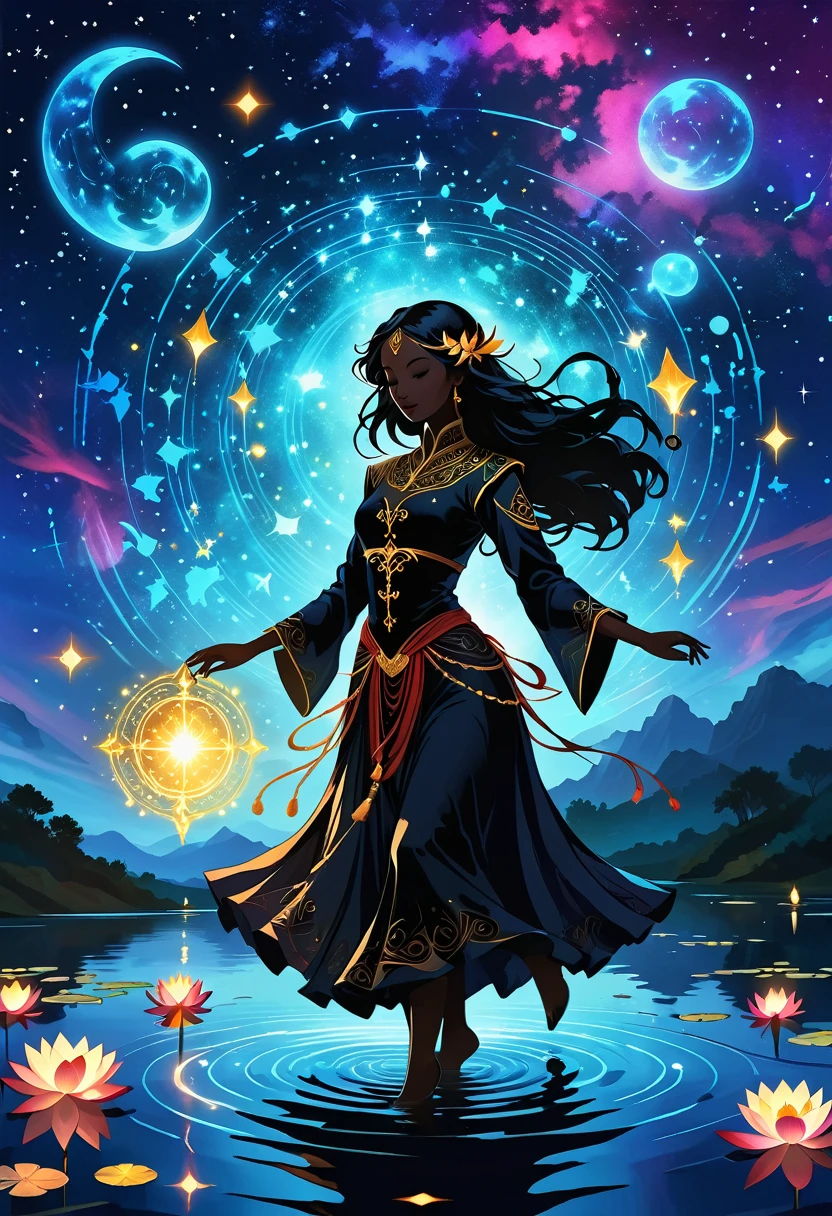 Astrologer，In the middle of the lake, Mysterious female black silhouette in the middle of the night, Surrounded by glowing constellations, Summoners dance to appease the spirits of the dead. Ceremonial canvas clothing. Sensual. Multiple magic arrays. Dynamic dance. Black Lotus. Colorful palette.