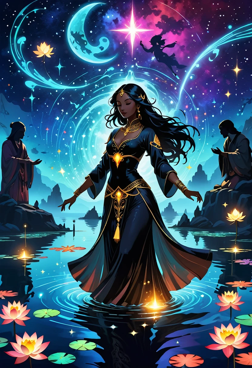 Astrologer，In the middle of the lake, Mysterious female black silhouette in the middle of the night, Surrounded by glowing constellations, Summoners dance to appease the spirits of the dead. Ceremonial canvas clothing. Sensual. Multiple magic arrays. Dynamic dance. Black Lotus. Colorful palette.