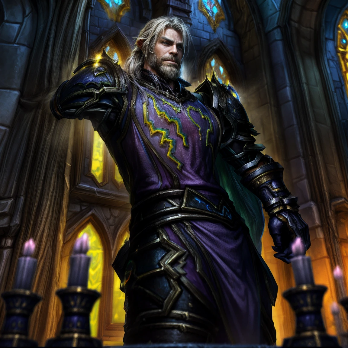 Draego, a medieval knight in shining armor, standing in front of an altar in a large cathedral, dramatic backdrop, high contrast, wide angle lens, vibrant colors, serene, detailed intricate armor, flowing cape, determined facial expression, sunlight streaming through stained glass windows, ornate altar with candles, dramatic shadows, cinematic composition, photorealistic, 8k, hyper detailed, masterpiece, (((World of warcraft stormwind:1.2)))
