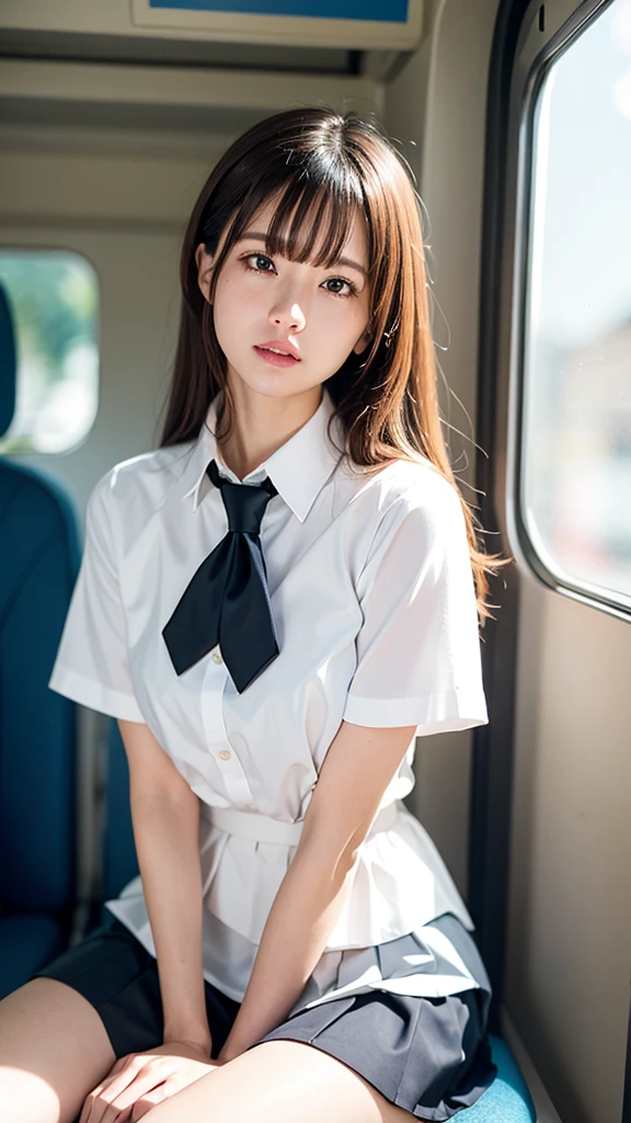 (masterpiece, Highest quality:1.2), 8K, s, 85mm, Official Art, RAW Photos, absurdists, White dress shirt, Pretty face, close, Upper Body, violet, Gardenia, beautiful girl, , (Navy Pleated Skirt:1.1), Squeeze the waist, Thighs, Short sleeve, in the train, sit on bench seat, View your audience, No makeup, (smile:0.4), Film Grain, chromatic aberration, Sharp focus, Face Light, Bright lighting, Teen, Dled face, Bokeh Background, (Dark red tie:1.1) Upper body naked Showipples Show you Showing nipples Shoulder Exposeる