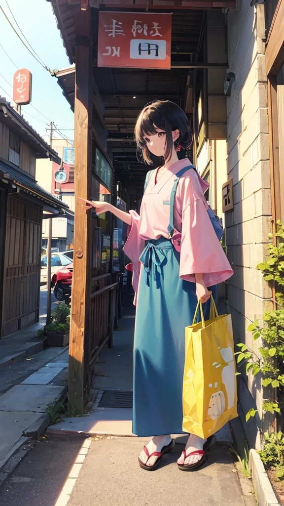 "Create a vibrant, anime-inspired scene set in a picturesque countryside location during a sunny day with clear blue skies dotted with fluffy clouds. The focal point should be a sleek, pink Supra sports car, parked near a small convenience store. The car should have a retro-futuristic design reminiscent of the .In the driver's seat, depict a young man with black hair, wearing a casual outfit, looking confidently ahead. Outside the store, include another character standing near the entrance, engaged in choosing snacks or drinks from a well-stocked display. The store should have a traditional Japanese style, with a yellow roof and colorful signage, reflecting the nostalgic charm of rural Japan.Add details like lush green trees and bushes surrounding the area, casting soft shadows on the pavement. Ensure the overall color palette is bright and saturated, capturing the warmth and vibrancy of a perfect summer day. Incorporate a sense of calm and anticipation, as if the characters are preparing for an exciting adventure."**Style:**- Anime-inspired, with clean lines and vivid colors.- Emphasize the serene and nostalgic atmosphere of the countryside.- Use bright and saturated colors to