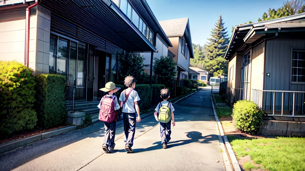 Mother and son landscape。A young mother in her 20s watches her son, who has just become an elementary school student, walking to school and waves to him.、My son is carrying a black school bag.、