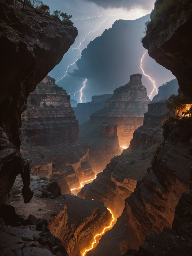 people walking through a canyon in the middle of a canyon, tiny people walking below, huge chasm, top of a canyon, canyons, canyon, the planet is warm with canyons, looking down, chiseled formations, taken on iphone 1 3 pro, taken on iphone 14 pro, epic land formations, photo taken in 2 0 2 0, amazing lightning art, natural lightning, creepy lightning, amazing lightning, dramatic lightening, lightning creating life, crackling with lightning, epic lightning, colossal lightning, scary lightning, beautiful lightning, lightning strikes, exquisite lightning, insane lightning, national geographic photo”, thunderstorm and fire, lightning strike,