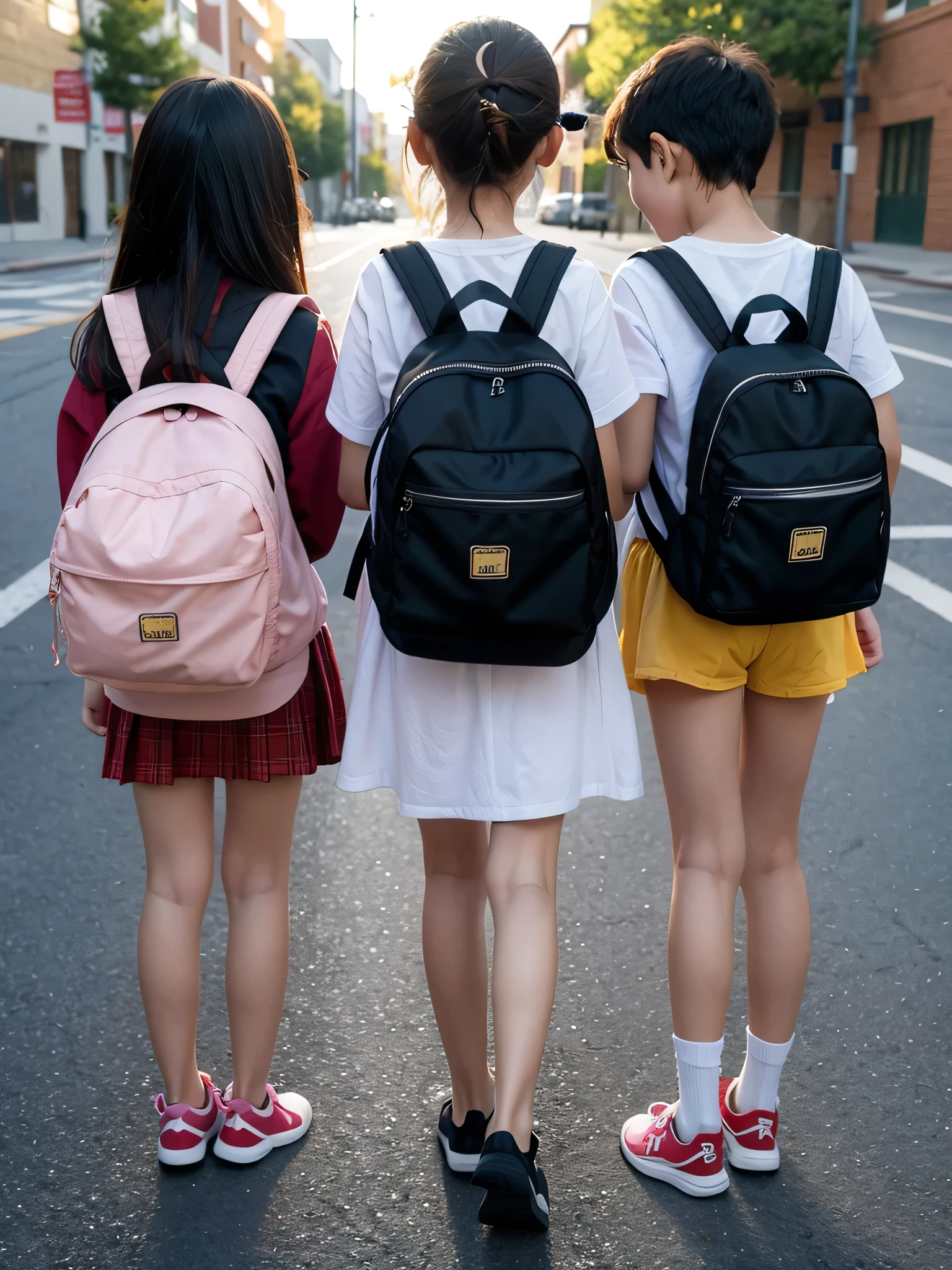 Back view of 9-year-old siblings wearing elementary school backpacks