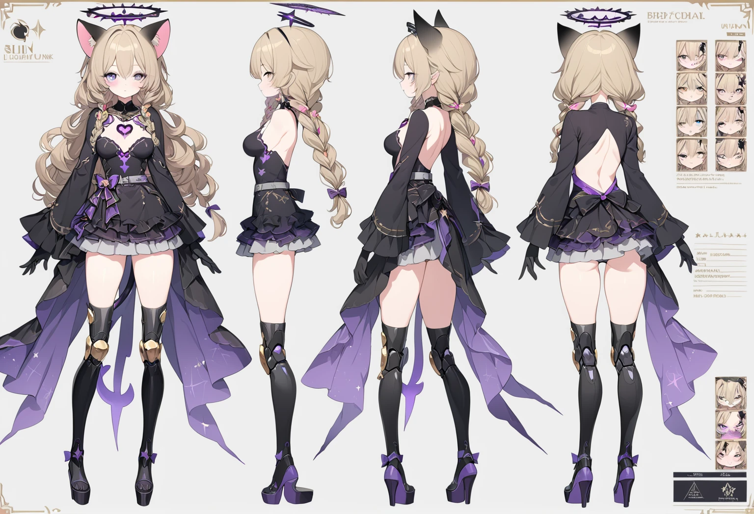 1 woman 180cm tall. (character design sheet: front view, back view). long dark blonde hair, slim build, wavy hair with hip length curls, has a short central tuft, She has two short braids on the left and right side of her head.. He has black serval ears with gray and purple on the top of his head. small face. (heterocromia: one gray eye and one purple eye), ribbons on the right side of the hair, ribbons on the left side of the hair. extremely detailed face, Beautiful detailed eyes, beautiful detailed lips. adorable, extremely detailed legs, (Best Quality, 4k, 8k, high resolution), ultra detailed, Exquisite and epic character art. Black platform heels, Elegant One Piece Long Dress with Ruffles Skirt and Wide Sleeves Gold Gear Design, star and ribbon decorations on the dress. black gloves. gray belt at the waist with a large bright pink heart ribbon. black necklace with heart emblem on the neck. It has a succubus tail with a luminous purple star tip.. (wide hip). Luminous black halo with purple star patterns above his head... (medium breast size). Thigh High Mechanical Legs in Black and Luminous Purple.