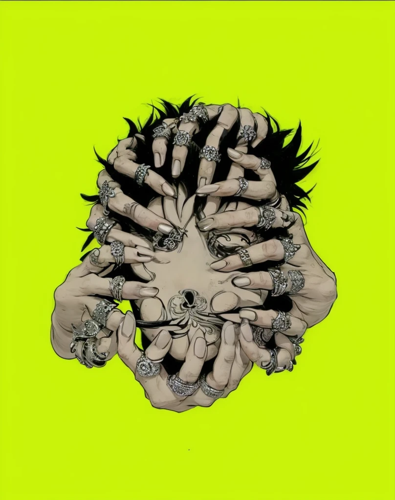 The central figure in the image is a human face, but it is almost entirely obscured by numerous hands that are gripping, pulling, and covering different parts of the face, The face appears to be in a state of distress or pain, with one eye half-open and the mouth grimacing, revealing clenched teeth, The hands are varied in their positions, with fingers intertwined, pressing into the skin, and some partially covering the eyes, nose, and mouth, Each hand is adorned with multiple rings, featuring intricate designs, The rings are metallic, mostly silver in color, and each has unique, detailed patterns, including skulls, crosses, and ornate symbols, The hands themselves are detailed with visible knuckles, veins, and skin folds, enhancing the realistic yet surreal quality of the image, The positioning of the hands and the way they interact with the face is carefully arranged to create a chaotic yet coherent composition, drawing the viewer's eye around the image to notice different details and elements