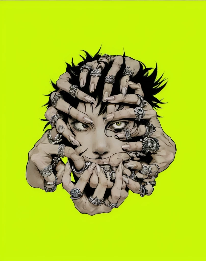 The central figure in the image is a human face, but it is almost entirely obscured by numerous hands that are gripping, pulling, and covering different parts of the face, The face appears to be in a state of distress or pain, with one eye half-open and the mouth grimacing, revealing clenched teeth, The hands are varied in their positions, with fingers intertwined, pressing into the skin, and some partially covering the eyes, nose, and mouth, Each hand is adorned with multiple rings, featuring intricate designs, The rings are metallic, mostly silver in color, and each has unique, detailed patterns, including skulls, crosses, and ornate symbols, The hands themselves are detailed with visible knuckles, veins, and skin folds, enhancing the realistic yet surreal quality of the image, The positioning of the hands and the way they interact with the face is carefully arranged to create a chaotic yet coherent composition, drawing the viewer's eye around the image to notice different details and elements