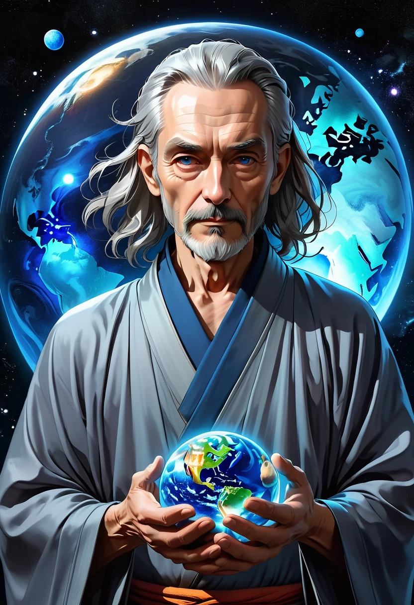 Glow ball in hand,dark, dark atmosphere, deep shadow, shadow, , portrait elderly Man in (Gray Kimono) He holds the Earth in his hands, Outer Space, Vishai, a giant elderly Man between whose hands is the earth, Geometric composition, elderly, [Nordic] Anorexia , Long gray hair, Old white skin, Round glowing blue eyes, Oval face, Anorexia small neck, Thin nude lips, Thick and thin gray eyebrows, Collapsed nose, hunchback, Slender thighs, Anorexia Slim arms legs and breast, High-angle cheekbones, sunken cheeks, Round chin, Rounded jawline, With pointed ears, Round forehead, Designer Stubble Grey Beard, Triangular gray hair beard, graphic style of novel comicss,dark novel style, comics, 2D, 8K, Surreal主义, masterpiece, high resolution, best quality, Extremely detailed, Surreal, Surreal主义艺术, high quality, 超high resolution, The most detailed, Lots of details, 极high resolution的细节, Lifelike, rich and colorful, Soft lighting,