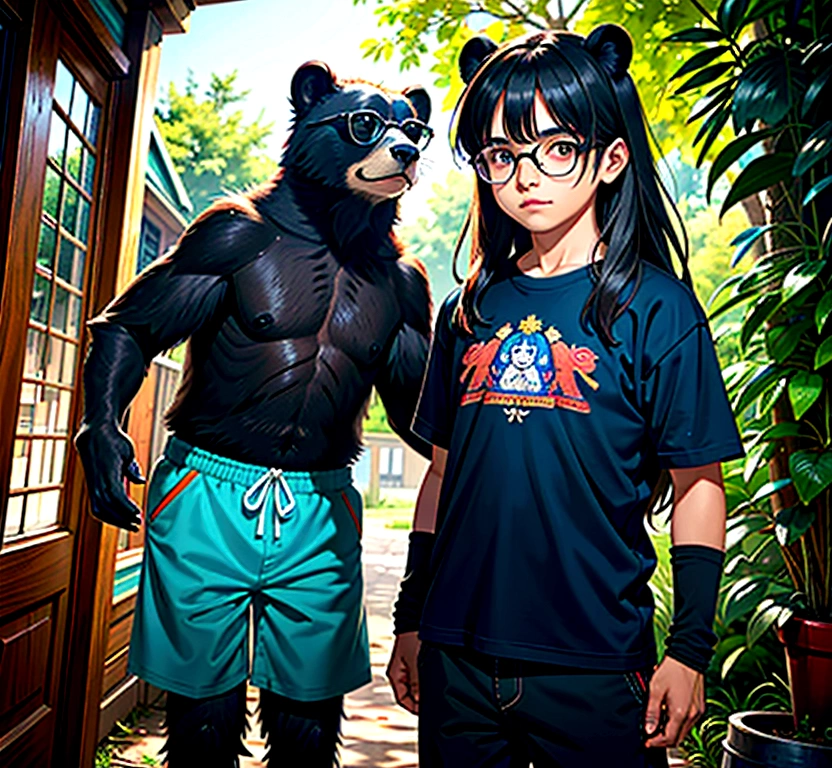 Indian boy spectacled bear, indigenous boy with long hair, 12 year old brown indigenous boy