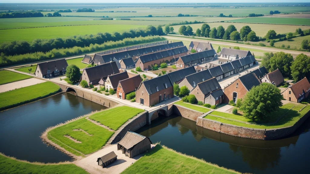 Beautiful scenery of ancient Dutch village. Aerial view, Photorealistic photos. High definition