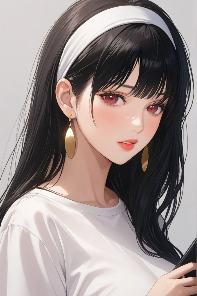 (8k, RAW photos, top quality, masterpiece: 1.2), (realistic, photorealistic: 1.37), (High Quality), (Ultra realistic), (High Details), (Face detail), (Shadow Detail), 1 girl, (Mature Female), MILF, solo, Red eyes, Black hair, Gold earrings, Long hair, White Headband, Pink Lips, Blush, (Ultra Face Detailed), Game Controller Print Shirt, Long Legs, Candid, Yor Briar, Anime, (Hand detailed), FingersDetailed