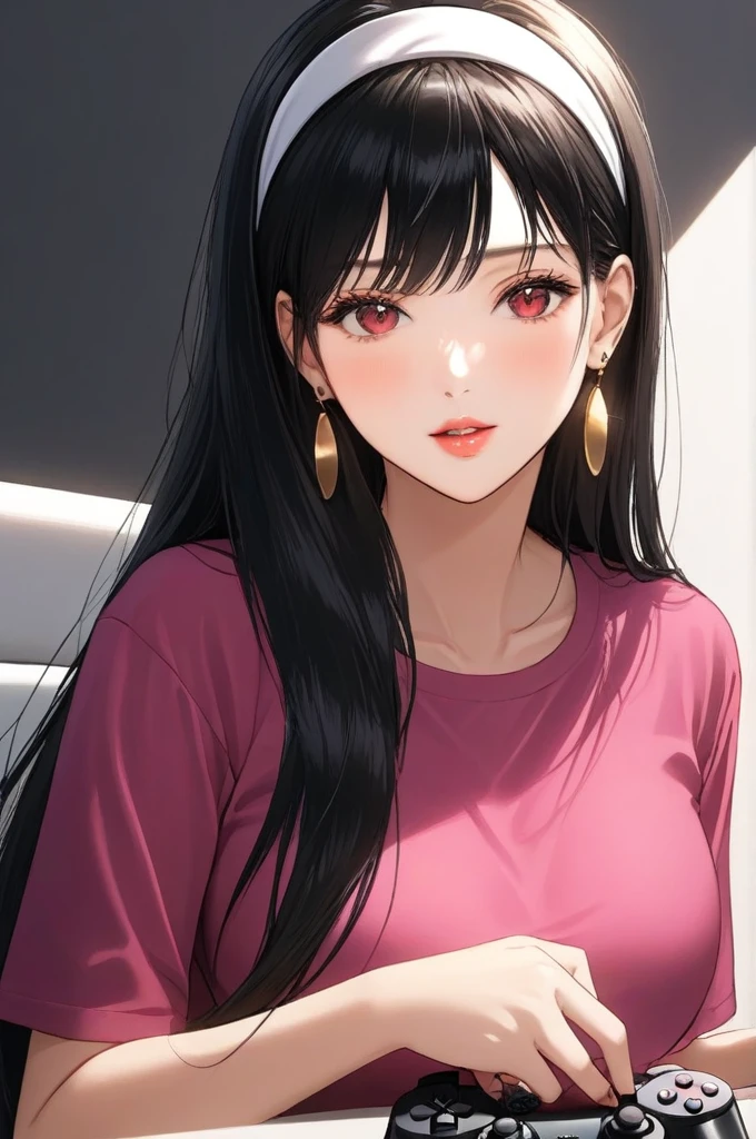 (8k, RAW photos, top quality, masterpiece: 1.2), (realistic, photorealistic: 1.37), (High Quality), (Ultra realistic), (High Details), (Face detail), (Shadow Detail), 1 girl, (Mature Female), MILF, solo, Red eyes, Black hair, Gold earrings, Long hair, White Headband, Pink Lips, Blush, (Ultra Face Detailed), Game Controller Print Shirt, Long Legs, Candid, Yor Briar, Anime, (Hand detailed), FingersDetailed