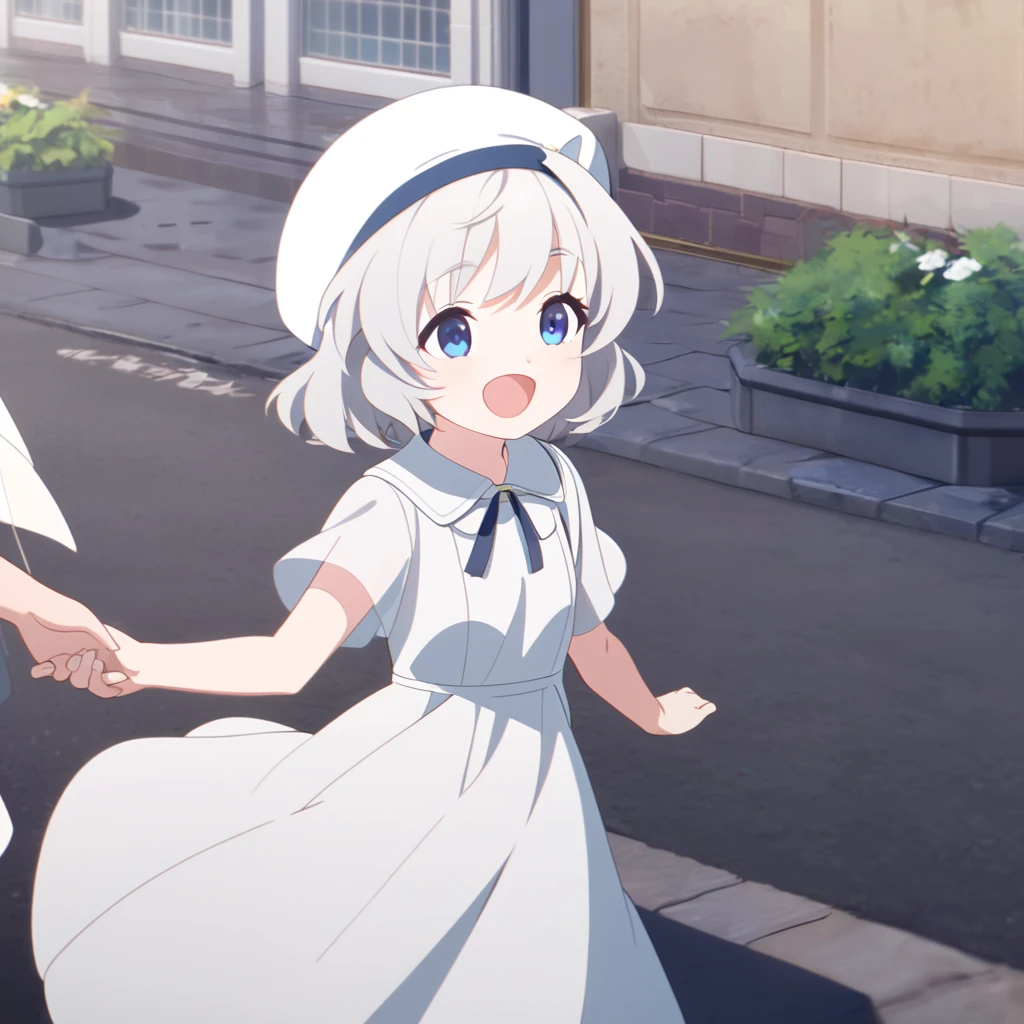 ((high quality,最high quality,8K,Best image quality)),Girl 1,(Young:1.ri:1.1,10 :1.1),(Silver Hair:1.2),cute,(Wavy Hair:1.2),(Very Short Hair:1.3),(Long sideburns:1.3),(Dark blue eyes:1.1),(White large dress:1.3),(smile:1.1),Strong winds,Transparency,(Small white beret:1.5)