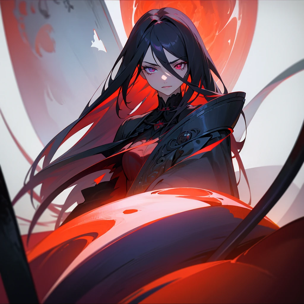 Elegant woman with cool red-purple heterochromia eyes, wearing a red dress, long black hair (top quality, 8k, high, masterpiece), highly detailed facial features, intricate details, natural lighting, warm color, soft focus, digital painting, fantasy art, silhouette, red light, eerie atmosphere, foggy, Scythe, weapon, auta merah, partikel hitam.