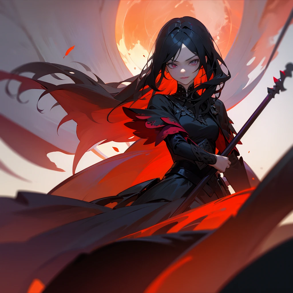 Elegant woman with cool red-purple heterochromia eyes, wearing a red dress, long black hair (top quality, 8k, high, masterpiece), highly detailed facial features, intricate details, natural lighting, warm color, soft focus, digital painting, fantasy art, silhouette, red light, eerie atmosphere, foggy, Scythe, weapon, auta merah, partikel hitam.