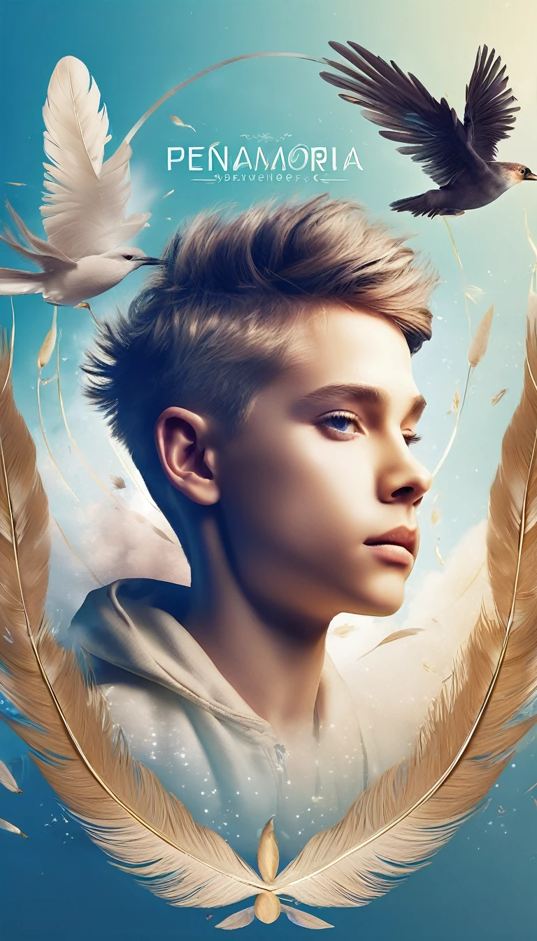 Create a professional, fantastic, cinematic dream-like Youtube Banner for a brand about music, stories, fantasy and dreams called " Penamemoria". Masterpiece, 4k, sharp focus, highest quality,wide shot. The title is " Penamemoria". Is a brand about the creative, unique journey of a boy into becoming a musician storyteller. In his journey he finds inspiration in a world of birds and feathers. Minimalistic, simple, poetic, dreamy logotype at the center of the image. The Background image is a world full of fantastic feathers, unique birds, light blue sky, soft white and light golden. Logo design of a face of a boy and a face of a feather