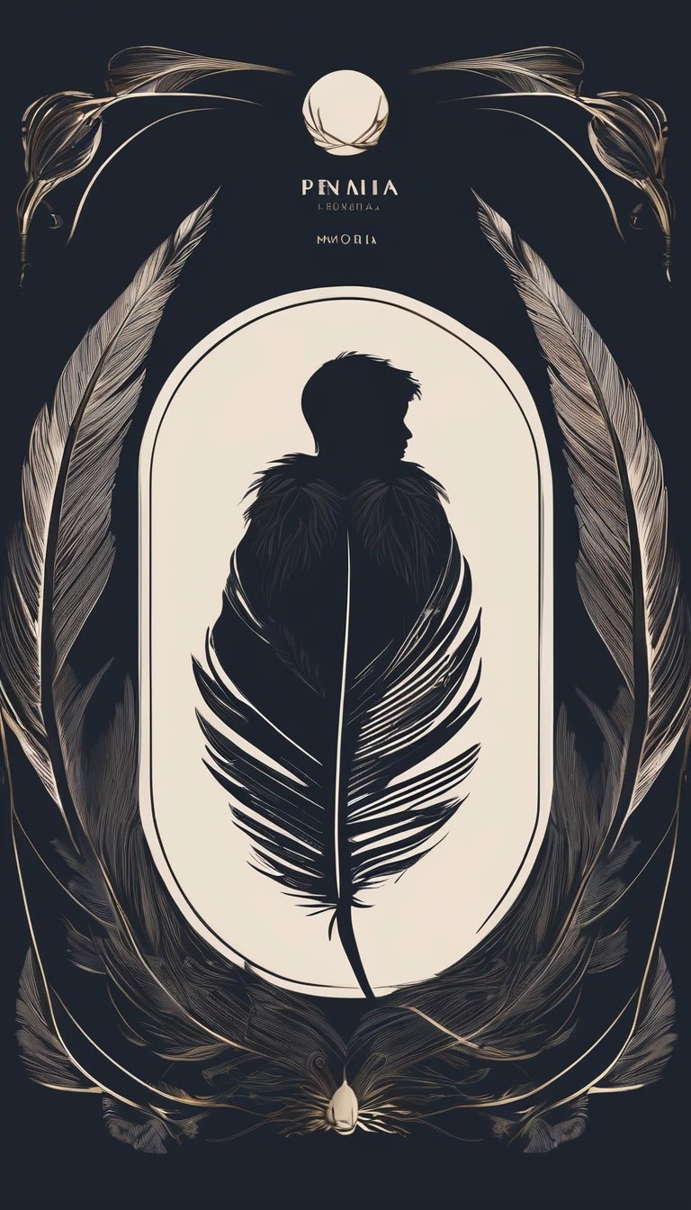 A minimal, modern, simple, cinematic logo design e of a boy with a head full of feathers for the brand “Penamemoria".