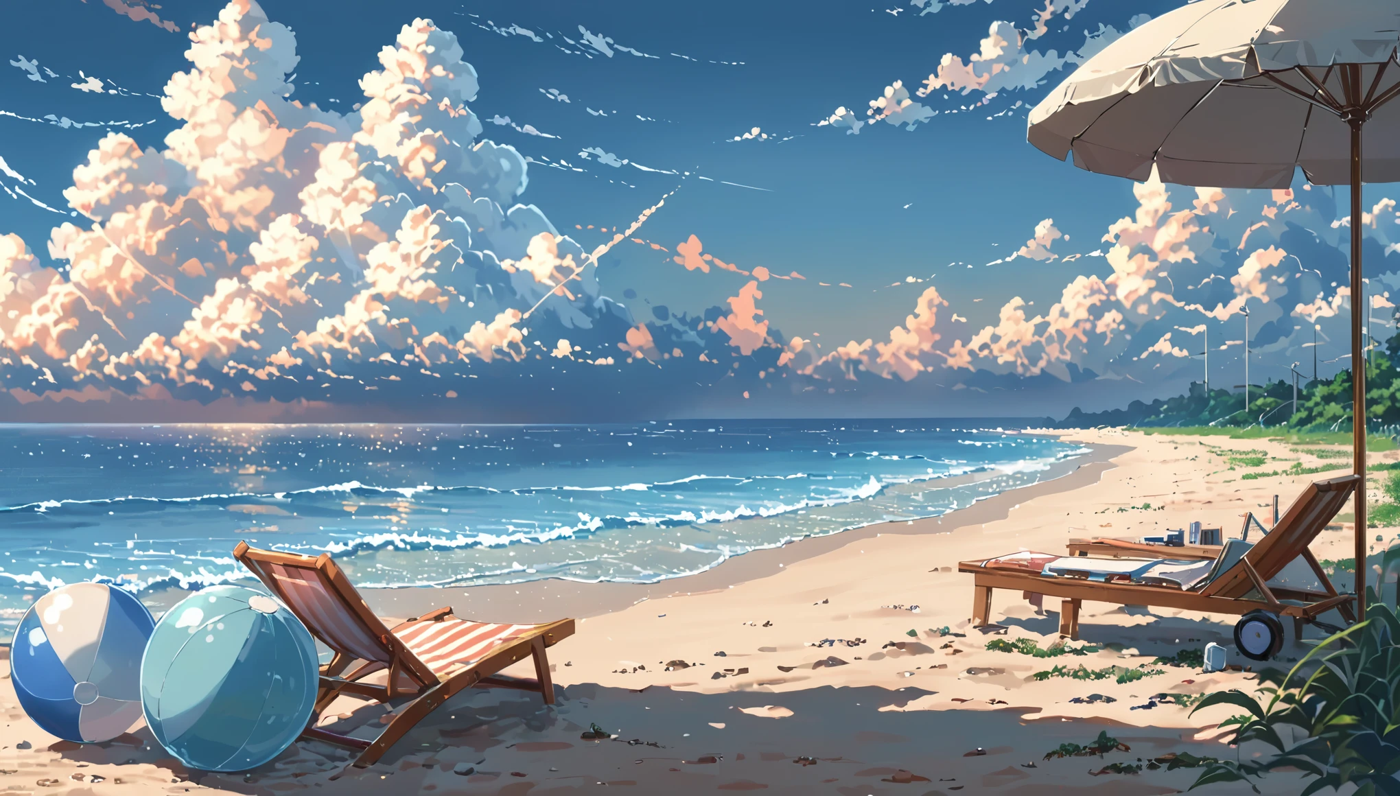 ((Anime: 1.4, Illustration)), (Masterpiece, Top Quality, Best Quality), (Ultra-Detailed, Absolutely Resolution), ((16k, HIGH RES)) (Summer, Beach, Cumulonimbus Cloud, Parasol, Beach Ball), ( Anime: 1.4, Illustration)), (Masterpiece, Top Quality, Best Quality), (Ultra-Detailed, Absolutely Resolution). Ak {Lofi Art, Style of Laurie Greasley, Style of Makoto Shinkai, Anime Aesthetic}, BREAK {(Produces IMAGES WITH ITH INFORMATION THAN 40 Million Pixels with Cinematic-Like Detailed Textures S Hot on a Sony slur).}