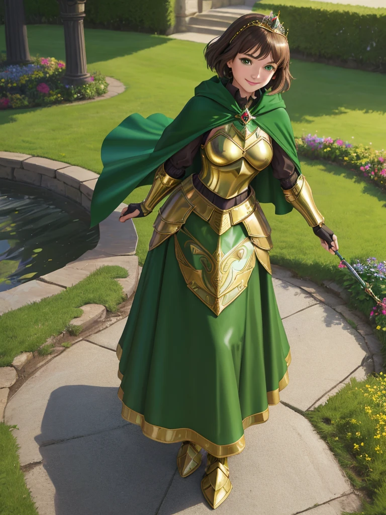 masterpiece, best quality:1.2), 1girl, smile, looking at viewer, green eyes, short brown hair, princess, armor, , pauldrons, armored dress, green cloak cape, wearing puffy blue ballgown skirt, golden tiara with green gem, armored boots, fingerless gloves, standing in medieval garden