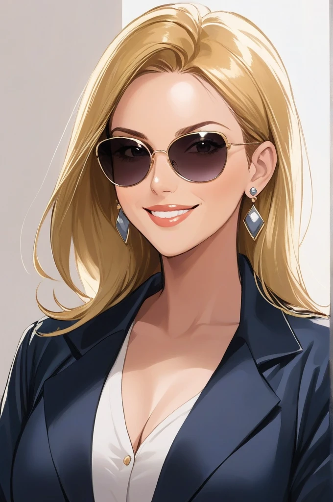 Dbz Android 18 wearing a casual outfit along with a black vest wearing a diamond necklace, wearing sunglasses, diamond earrings