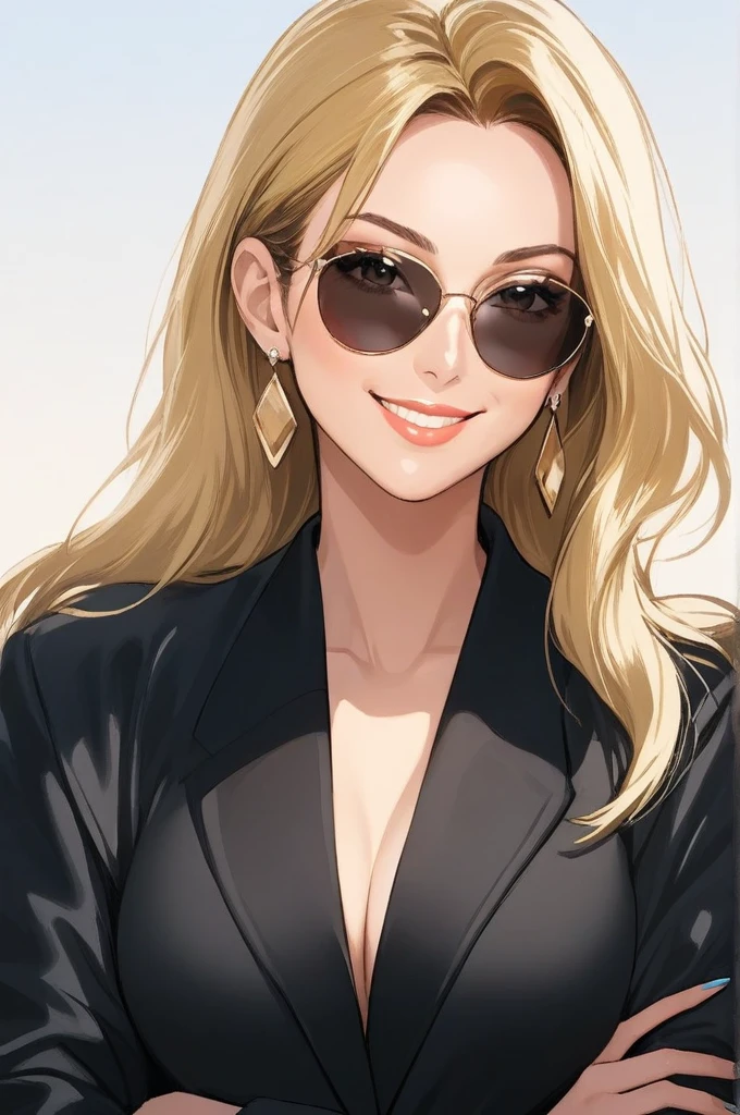 ((Masterpiece, best quality)),edgQuality,smirk, edgCJ woman, mature woman, 40 years old woman, a woman in a jacket ,wearing edgCJ,chic jacket blonde nadia, sunglasses, oversized clothes, earrings 