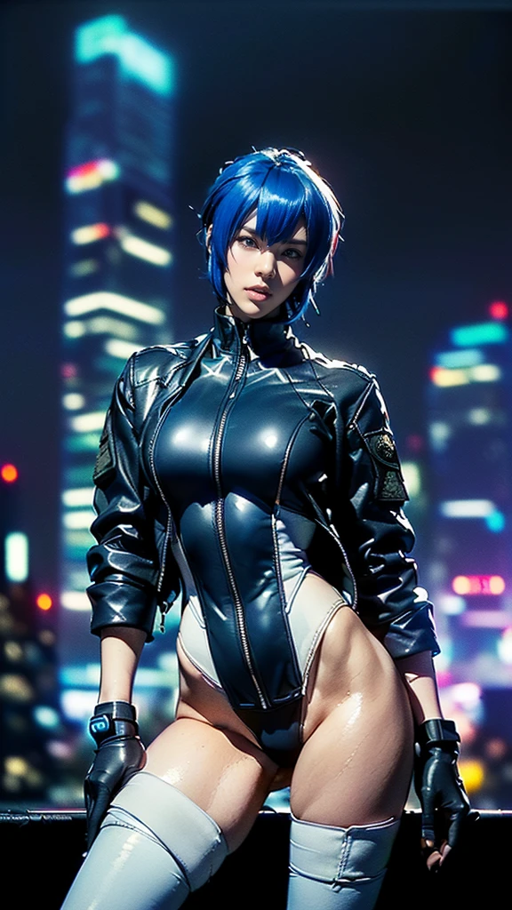 (One Woman),(motoko kusanagi:1.5),(((Special forces woman standing:1.5))),((White Tactical High Leg Bodysuit:1.5)),((Black jacket:1.5)),(Black gloves:1.5),(Severe:1.5),(short hair:1.5),(((Blue Hair:1.5))),(Beautiful Eyes:1.3),(Very detailedな顔:1.5),((Very detailed drawing of a female hand:1.5)),((muscular:1.5)),(Sexy Looks:1.5),((Thick thighs:1.5)),(Beautiful body:1.5),((Very sensual:1.5)),(Skyscrapers at night on the background:1.5),(Cyberpunk atmosphere:1.5),(((Blur the background:1.5))),(Written boundary depth:1.5),BREAK(((masterpiece:1.5),(highest quality:1.5),(Very detailed:1.5),(High resolution:1.5),(Realistic:1.5),(Realistic:1.5),(Delicate depiction),(Careful depiction))),8K,wallpaper