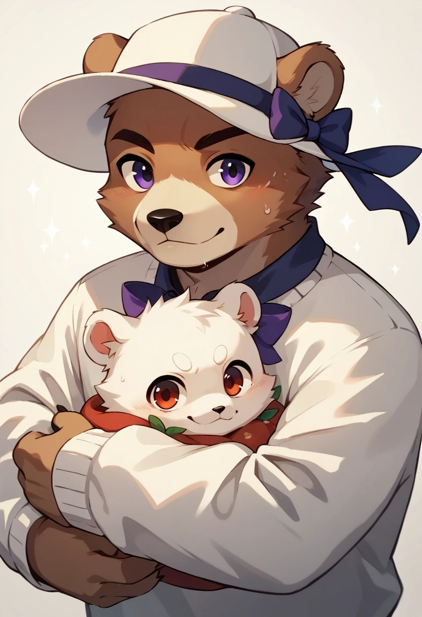 Furry boy bear with white fur and fur hugging death while looking at viewer, with a bow on the neck and white sweater, with hat and a purple ribbon on the hat on the right side