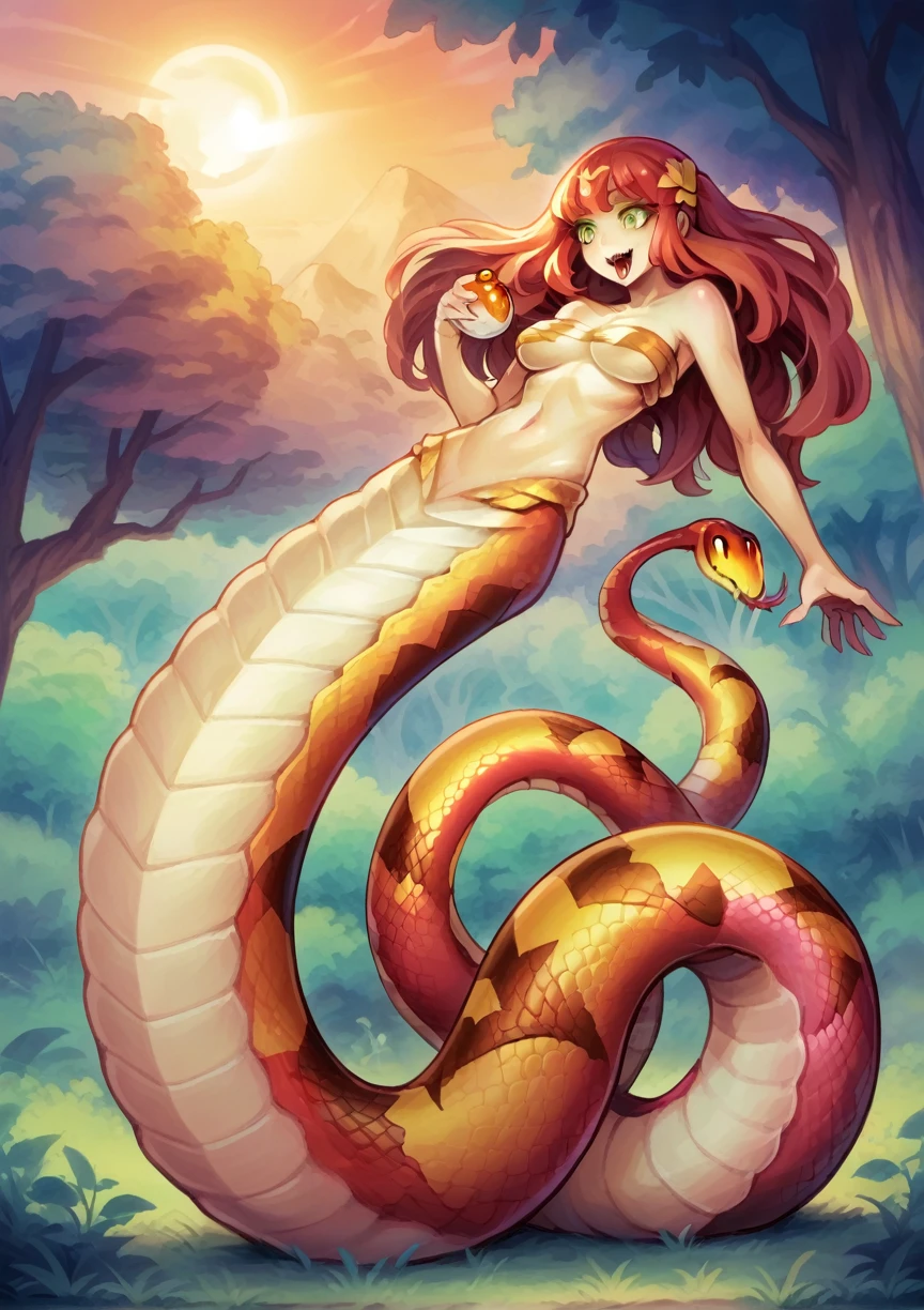 (lamia), full body shot, 1girl, monster girl, reptile tail, snake body from waist down, human face, hyper realistic face, forked tongue, long tongue, small fangs, open mouth, (colorful shiny snake scales), (shiny red, and (golden) gradient scales tail), (reptilian eyes), in beautiful enchanted magical (forest), red (glowing plant) and fungus, ((red thin trees with yellow and orange leaves)), sunrise, greenish atmosphere, orange sun, alien flora, amazing lighting effects, yellowish light ray, crystalline dew, ((astonishingly seductive lamia)), amazing face and eyes, soft and delicate looking, (red long hair), (crystalline green eyes), good hands, perfect anatomy, masterpiece, best quality, large breasts INFO