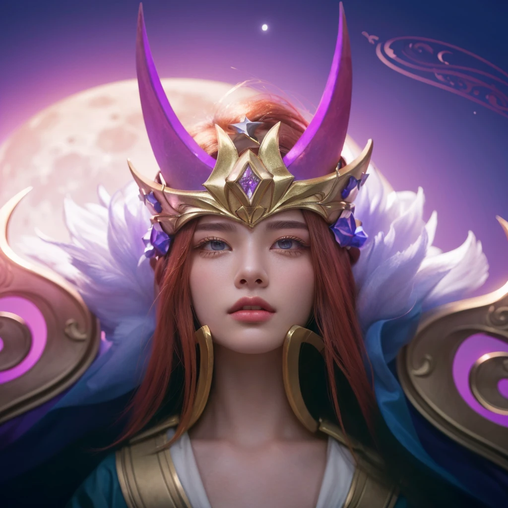a close up of a boy with a crown on his head, god of the moon, red hair, beautiful detailed eyes, beautiful detailed lips, extremely detailed face, long eyelashes, ethereal, divine, celestial, glowing moon in the background, dark night sky, stars, crescent moon, detailed lighting, dramatic chiaroscuro, cinematic, fantasy, digital art, 8k, hyper detailed, masterpiece, photorealistic