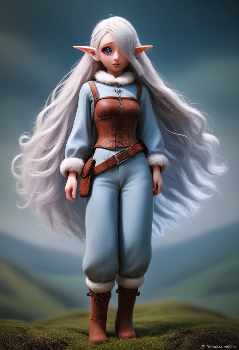 a small gnome girl with pale skin, very long wavy silver hair covering one eye, bright blue anime-style eyes with long lashes, wearing a corset, white puffy long sleeved shirt, and puffy cloth pants, leather bound boots, set in a windy fantasy landscape, (best quality, 4k, 8k, highres, masterpiece :1.2),ultra-detailed,dungeons and dragons, long elf ears, detailed skin and cloth textures, cute detailed face, intricate details, extremely detailed, 1girl, dynamic pose with hair covering one eye, shy personality, puffy cloth pants with leather belt, detailed privateer outfit, detailed buccaneer outfit, pouch on belt, wearing ornate leather armor with fur trim, silver inlay detail, wearing fur trimmed boots, wearing fur trimmed gloves, short, short height, halfing girl, small girl, very long detailed flowing hair, big head, big round eyes, windy, wind blown hair,bwirey muscles, fighter, dynamic angle, kineticist, pathfinder, pathfinder kineticist, wind kineticist, pouty lips