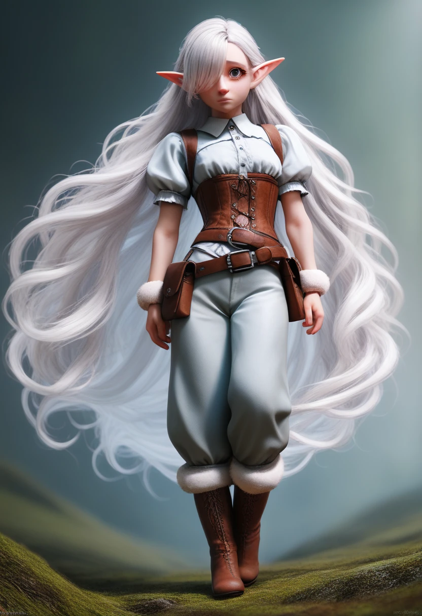 a small gnome girl with pale skin, very long wavy silver hair covering one eye, bright blue anime-style eyes with long lashes, wearing a corset, white puffy long sleeved shirt, and puffy cloth pants, leather bound boots, set in a windy fantasy landscape, (best quality, 4k, 8k, highres, masterpiece :1.2),ultra-detailed,dungeons and dragons, long elf ears, detailed skin and cloth textures, cute detailed face, intricate details, extremely detailed, 1girl, dynamic pose with hair covering one eye, shy personality, puffy cloth pants with leather belt, detailed privateer outfit, detailed buccaneer outfit, pouch on belt, wearing ornate leather armor with fur trim, silver inlay detail, wearing fur trimmed boots, wearing fur trimmed gloves, short, short height, halfing girl, small girl, very long detailed flowing hair, big head, big round eyes, windy, wind blown hair,bwirey muscles, fighter, dynamic angle, kineticist, pathfinder, pathfinder kineticist, wind kineticist, pouty lips