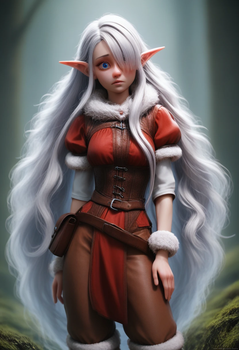 a small gnome girl with pale skin, very long wavy silver hair covering one eye, bright blue anime-style eyes with long lashes, wearing a corset, white puffy long sleeved shirt, and puffy cloth pants, leather bound boots, set in a windy fantasy landscape, (best quality, 4k, 8k, highres, masterpiece :1.2),ultra-detailed,dungeons and dragons, long elf ears, detailed skin and cloth textures, cute detailed face, intricate details, extremely detailed, 1girl, dynamic pose with hair covering one eye, shy personality, puffy cloth pants with leather belt, detailed privateer outfit, detailed buccaneer outfit, pouch on belt, wearing ornate leather armor with fur trim, silver inlay detail, wearing fur trimmed boots, wearing fur trimmed gloves, short, short height, halfing girl, small girl, very long detailed flowing hair, big head, big round eyes, windy, wind blown hair,bwirey muscles, fighter, dynamic angle, kineticist, pathfinder, pathfinder kineticist, wind kineticist, pouty lips