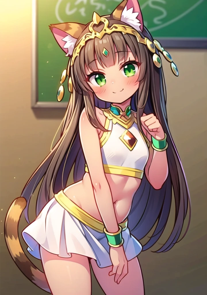 1girl, masterpiece, best quality, perfect hands, white skirt, brown hair, green eyes, tiara, ankle lace-up, cat ears, dark skin, jewelry, midriff, very long hair, cat tail, smile, blush, cowboy shot, bare legs, bastet_PD, cat girl, bastet