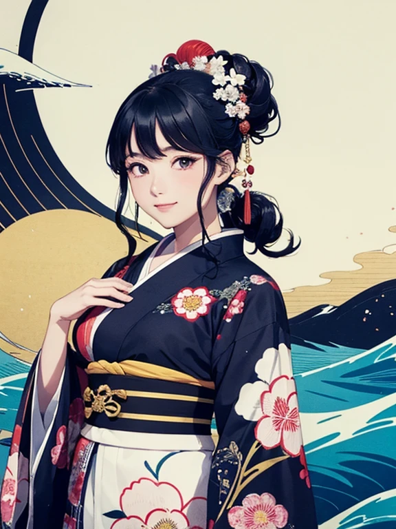 (Highest quality、masterpiece、High resolution、8K)、Ukiyo-e、Vibrant colors、Katsushika Hokusai、1 female、Black hair Japanese topknot、whole body、The kimono has a vivid floral pattern on a white background.、Official Art、背景はUkiyo-e風、White waves and Mt. Fuji、Flowers and Moon、White waves and the moon