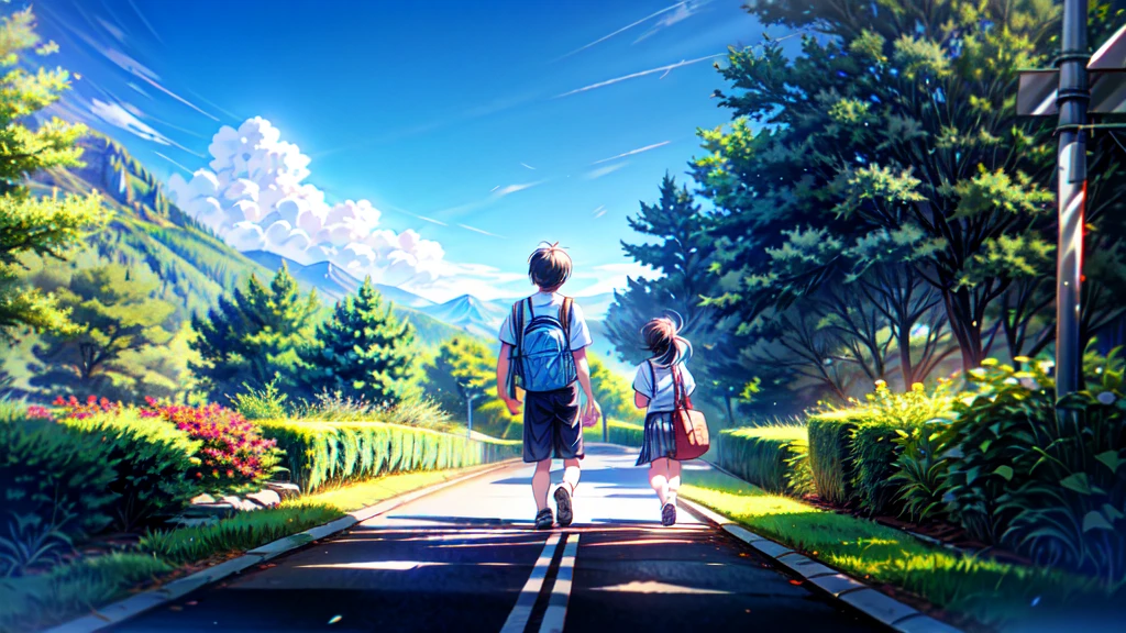 Mother and son landscape。A young mother in her 20s watches her son, who has just become an elementary school student, walking to school and waves to him.、My son is carrying a black school bag.、