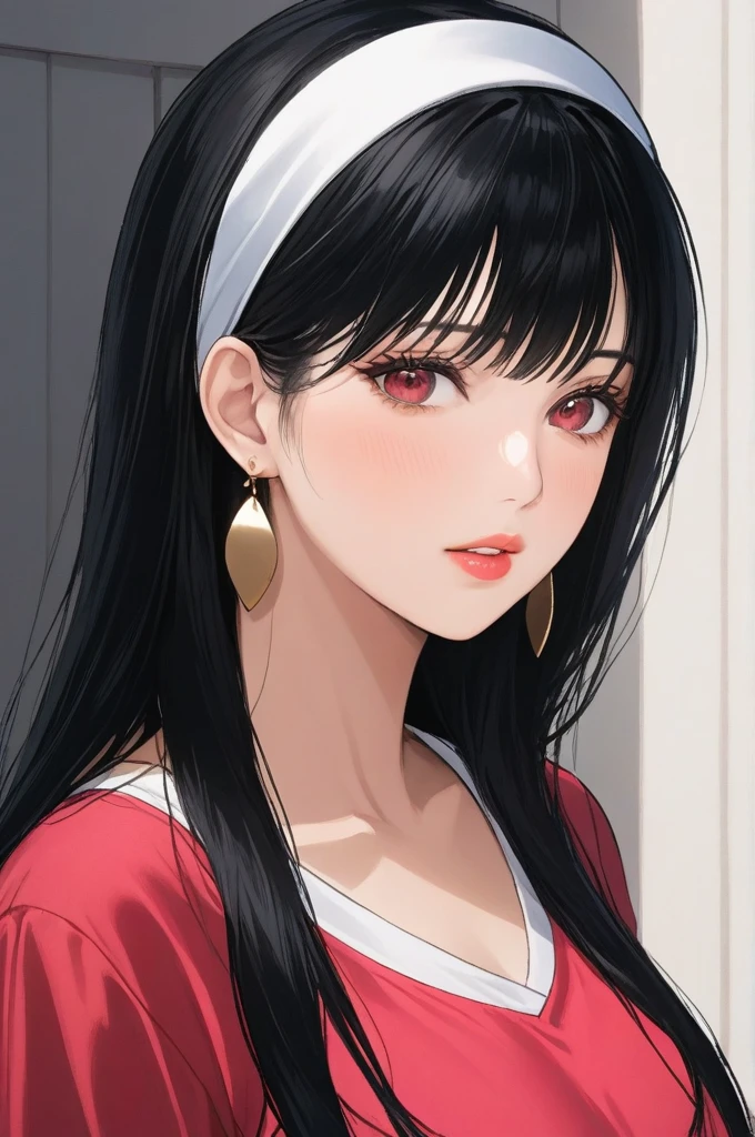 (8k, RAW photos, top quality, masterpiece: 1.2), (realistic, photorealistic: 1.37), (High Quality), (Ultra realistic), (High Details), (Face detail), (Shadow Detail),  1 girl, (Mature Female), MILF, solo, Red eyes, Black hair, Gold earrings, Long hair, White Headband, Pink Lips, Blush, (Ultra Face Detailed), Game Print Shirt, Long Legs, Candid, Yor Briar, Anime, (Hand detailed), Fingers Detailed,full bidy view