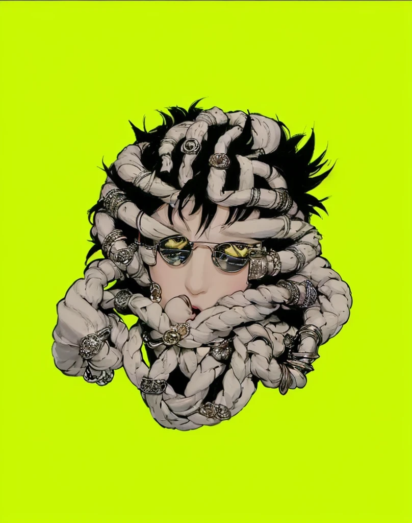 The character has a playful and confident expression, with his head tilted slightly back and his mouth open. He is biting on the end of a long, patterned scarf, pulling it taut. His eyes are hidden behind large, reflective sunglasses with orange lenses that have a pixelated pattern. The glasses catch the light, creating a bright, star-like sparkle on the right lens, adding a touch of glamour. His hair is short, tousled, and blonde, with individual strands detailed to show texture and movement. The hair is styled casually, enhancing his laid-back yet trendy look. He wears a small hoop earring in his left ear, adding to his fashionable appearance. The character is dressed in a pink sweater with bold, vertical stripes in a slightly darker pink. The sweater is oversized Under the sweater, he wears a white collared shirt, the collar neatly folded over the sweater’s neckline. The collar’s edges are sharp and crisp, contrasting with the softness of the sweater. He sports a chunky gold necklace with a large, intricate pendant shaped like a woven knot or medallion. The pendant catches the light, emitting a bright gleam similar to the one on his sunglasses. The scarf he is biting on is light yellow with dark speckles and abstract patterns, adding a touch of whimsy and texture to his outfit. The scarf is also wrapped around his left hand, covering his knuckles and part of his wrist, giving the impression of both style and utility. He wears multiple gold rings on his fingers, which catch the light and add to his overall flashy, flamboyant style. The background is a solid, vibrant yellow, which complements the pink tones of the character’s outfit and makes the overall image pop. The simplicity of the background ensures that the focus remains entirely on the character