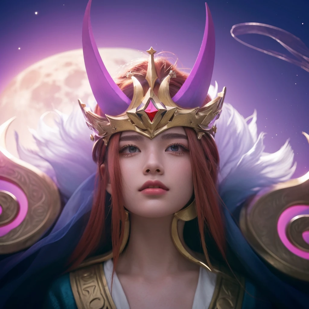 a close up of a boy with a crown on his head, god of the moon, red hair, detailed eyes, extremely detailed face, long eyelashes, ethereal, divine, celestial, glowing moon in the background, dark night sky, stars, crescent moon, detailed lighting, dramatic chiaroscuro, cinematic, fantasy, digital art, 8k, hyper detailed, masterpiece, photorealistic