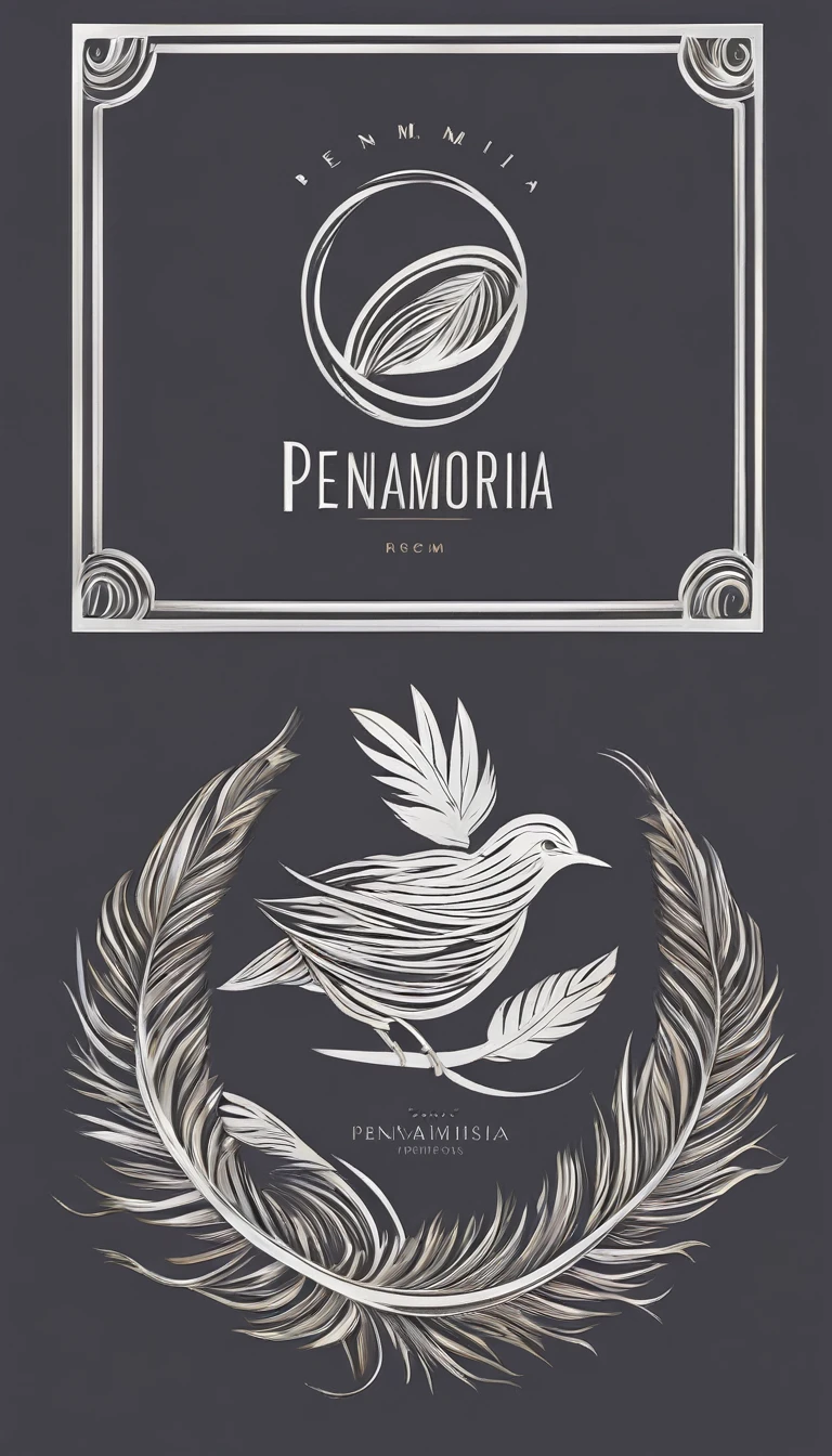A minimal, modern, simple, cinematic logo design for the brand “Penamemoria". Create a modern, minimalistic, high-quality, logo of a boy inside a nest made of feathers. The logo must be a symbol for dreams, stories, memories, music and imagination.