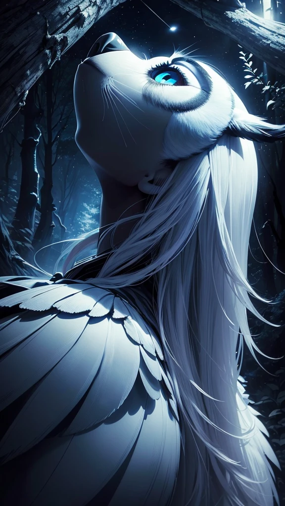 ((masterpiece)),((Highest quality)),((Lots of details)),((Realistic feel)), ((look up:1.6)), Pitch Black, night, Deep in the forest, Moonlight shines, Cool blue shade, White owl silhouette, The sky is high, Dim and dim, High Contrast