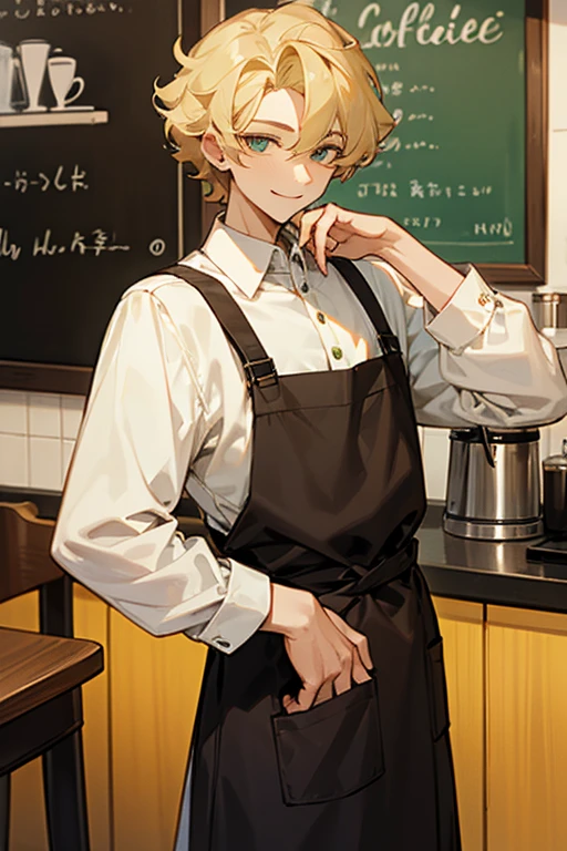 man,manหล่อ,Age 27,Big tall one.,short curly blonde hair,
,polite smile,
,white long sleeve shirt,Green Apron,Make coffee,
,Cafe,