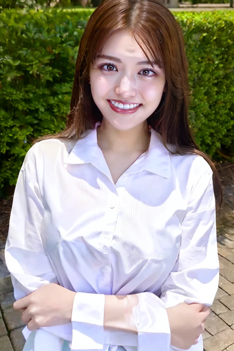 (8K, RAW Photos, Highest quality、masterpiece:1.2), (Realistic、Realistic:1.37), Korean model-like woman, Laughter, View your viewers, (huge laugh:1.2), (open your mouth:1.1), (wide open eyes), natural lighting, Outdoor