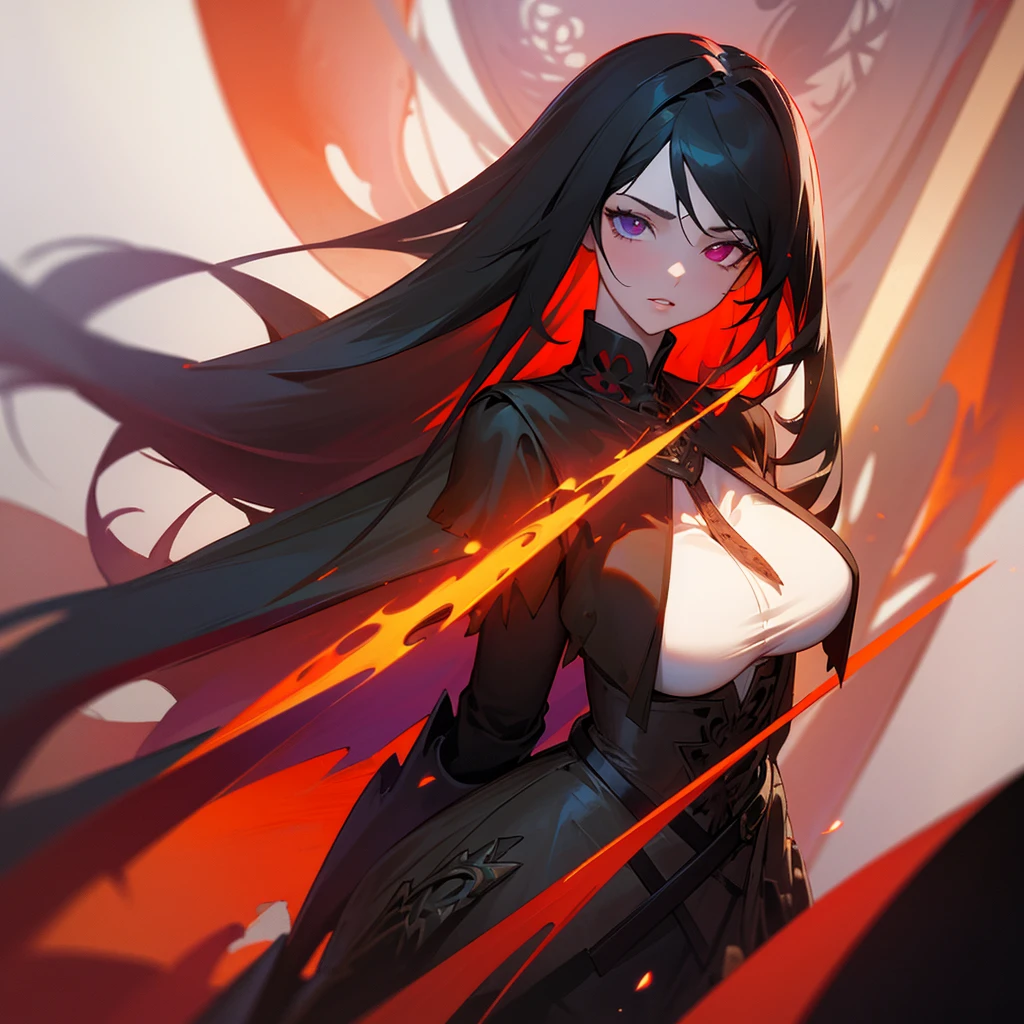 Elegant woman with cool red-purple heterochromia eyes, wearing a red dress, long black hair (top quality, 8k, high, masterpiece), highly detailed facial features, intricate details, natural lighting, warm color, soft focus, digital painting, fantasy art, silhouette, red light, eerie atmosphere, foggy, Scythe, weapon, red aura, black particles, big breasts.