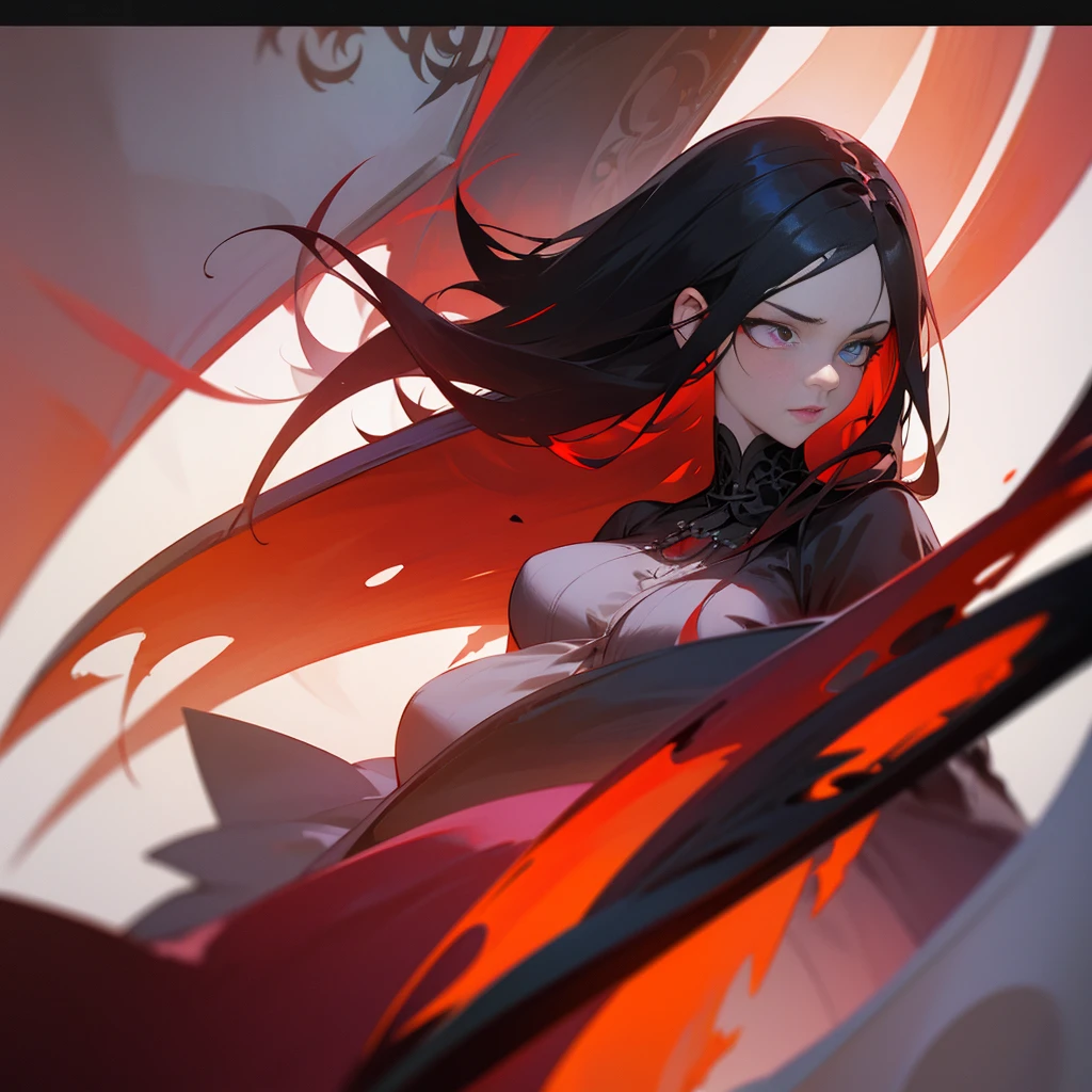 Elegant woman with cool red-purple heterochromia eyes, wearing a red dress, long black hair (top quality, 8k, high, masterpiece), highly detailed facial features, intricate details, natural lighting, warm color, soft focus, digital painting, fantasy art, silhouette, red light, eerie atmosphere, foggy, Scythe, weapon, red aura, black particles, big breasts.