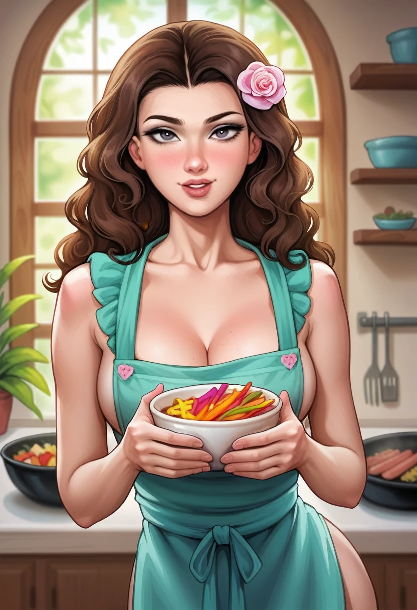 (best quality,highres,realistic:1.37),beautiful young woman,cooking veg*n chik-patties,barbecue,apron,detailed eyes,detailed lips,long eyelashes,glowing skin,lovely smile,happy expression,curly hair,green garden background,summer vibes,floral accessories,delicious aroma,smoke rising,grilled perfection,colorful vegetables,healthy lifestyle,vibrant colors,photorealistic style,warm lighting, maple syrup on woman’s breast 