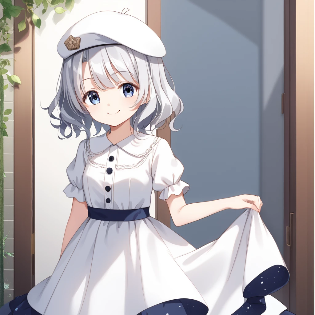 ((high quality,最high quality,8K,Best image quality)),Girl 1,(Young:1.ri:1.1,10 years old:1.1),(Silver Hair:1.2),cute,(Wavy Hair:1.2),(Very Short Hair:1.3),(Long sideburns:1.3),(Dark blue eyes:1.1),(White large dress:1.3),(smile:1.1),Strong winds,Transparency,(Small white beret:1.5)