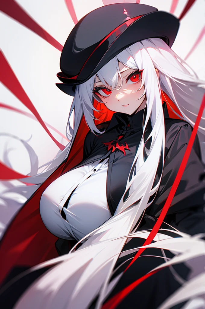 Woman long white hair red eyes big breast black shirt