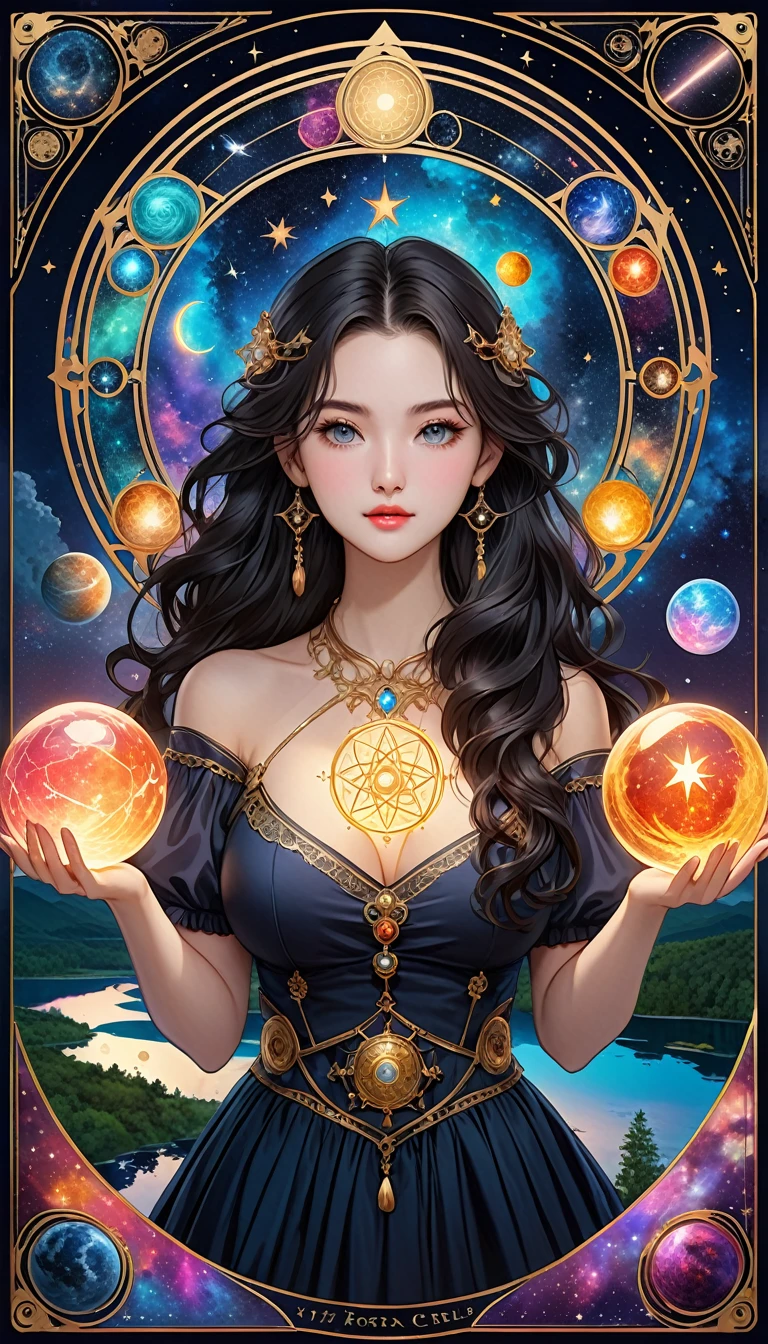 最Highest quality, Highest quality, 16K, Unbelievably absurd, Very detailed, 2.5D, delicate and dynamic, , formal, universe, Night Sky, Crescent Moon, constellation, Gorgeous nebula, meteor, lake, lake面に月が映る, Tarot Cards, Giant magic circle, A complex magic circle, Colorful magic circle, A colorful celestial globe, Small face, Very delicate facial expressions, Delicate eye depiction, Upper body close-up, erotic, One sexy woman, Cool woman, black long wavy hair, Healthy body shape, 25-year-old woman, Cool woman, Height: 170cm, huge bouncing busts, astrologer, Horoscope, Tarot Cards, Calm expression, A complex magician's outfit, Magician's outfit in chic colors, garter belt, Fishnet tights, Magician's Shoes, Fortune telling, Declare, Tarot Cardsを配る, Tarot Cardsをばらまく